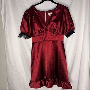 Kit + Sky Mini Dress Short Sleeves Red Satin Dress with Black Lace Trim XL Goth